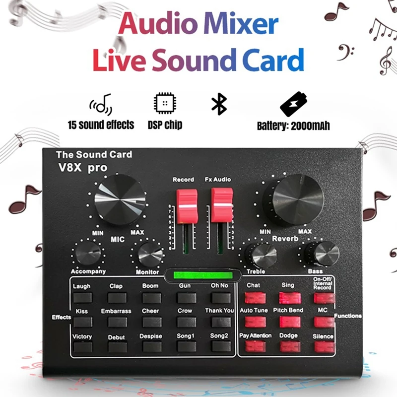 V8X PRO Live Sound Card Audio Mixer Bluetooth 15 Multiple Modes Effects for Computer Phones Singing and Recording | Электроника