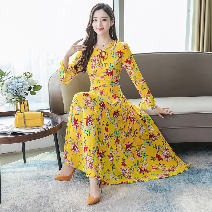 

2019 Autumn Winter Vintage 3xl Plus Size Blue Floral Chiffon Dresses Long Sleeve Maxi Dress Women Elegant Bodycon Party Vestidos