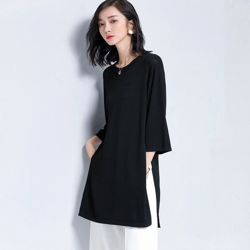 Long Knitted Pullovers Women Sweaters 2020 Summer Casual Split O Neck Solid Jumpers Loose Pull Femme Women’s Knit Tops | Женская