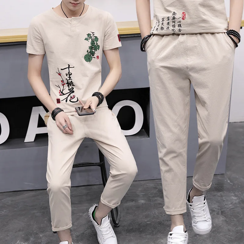 

2020 Summer New Style Men's Japanese-style V-neck [Flax Set] Cotton Linen 2-Button Thin Soft Breathable