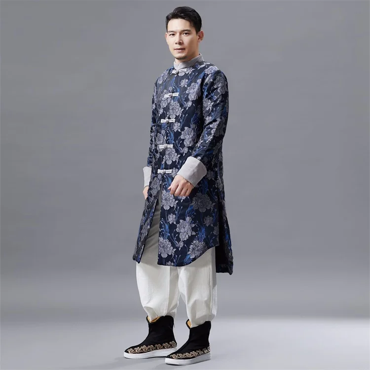 Мужской костюм Тан длинная куртка мужская рубашка Стиль Стенд воротник Топ традиционная весенне-осенняя Китайская одежда