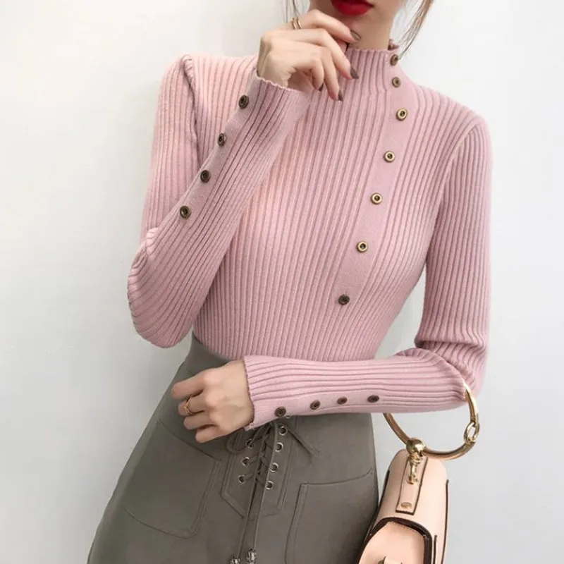 

Sweater Women Casual Button Decoration Turtleneck Sweaters Lady Solid Color Bottoming Shirt