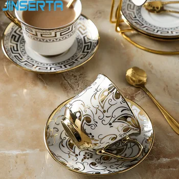 

JINSERTA Marble Ceramic Storage Tray Tea Coffee Milk Cup Mug Saucer Set Luxury Gold Home Restaurant Cafe Decor Tray Tableware