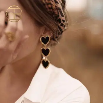 

2019 New Design Three Heart Chain Long Dangle Earrings For Women Red Black White Heart Statement Earring Gold Silver Earring
