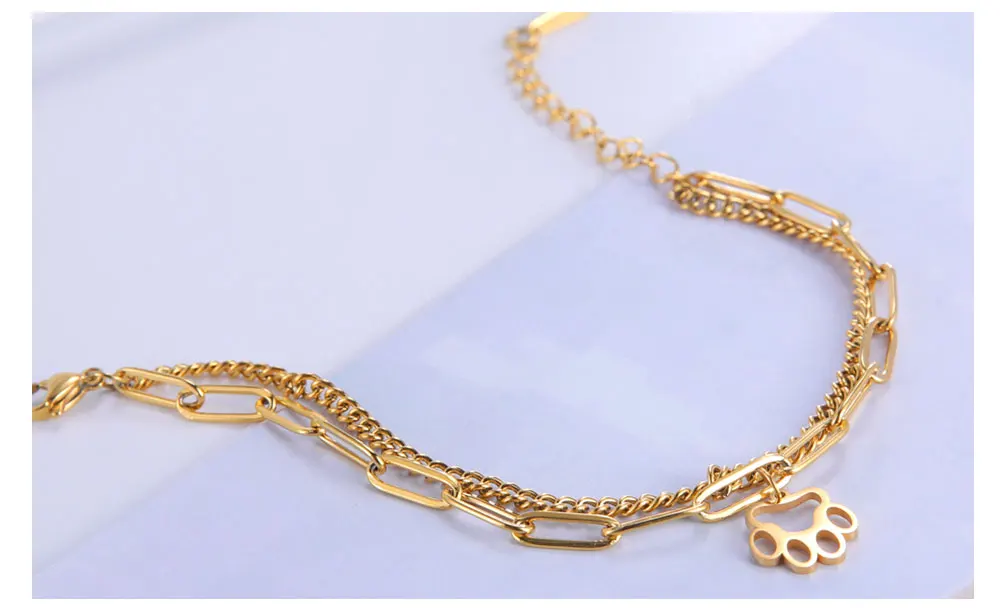 Cute Cat Paw Pendant Bracelet Bangles Double Layer Stainless Steel Bracelet Jewelry For Women Girls High Quality - PeticaDeals