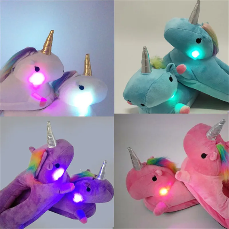 

Women's Winter Unicorn Shoes Cute With LED Lights Cartoon Animal Slippers Woman Fur Slides Ladies Home Warm Plush Flip Flops Hot