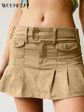 Weekeep Pocket Fashion Mini Cargo Skirts Low Waist Vintage Pleated Skirt For Women Harajuku Solid Bottoms Summer Y2k Streetwear