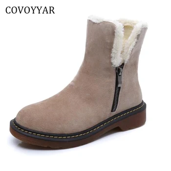 

COVOYYAR 2019 Warm Fur Snow Boots Side Zip Low Thick Heel Women Winter Shoes Comfort Ankle Boots Big Sizes 34-43 WBS364