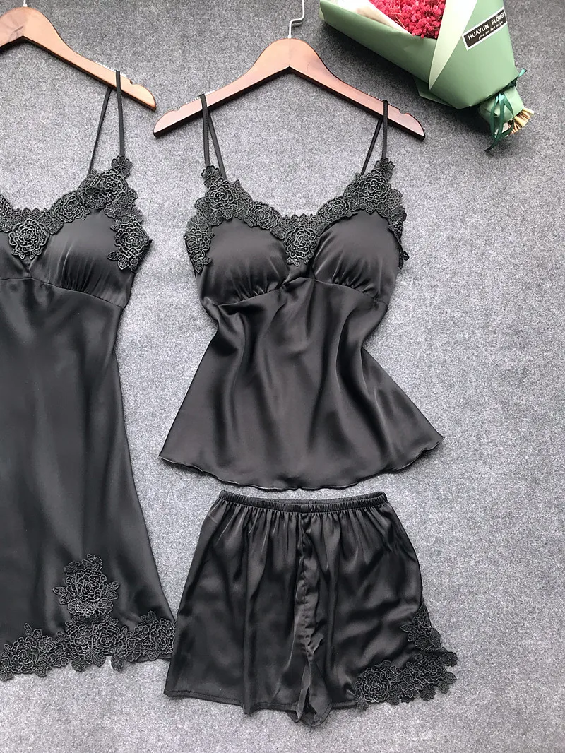 New 4 Pcs Robe Set+ Nightdress+Top+Shorts Silk Satin Bathrobe Set Summer Sleepwear Lace Nightwear Set For Women Pijama Mujer