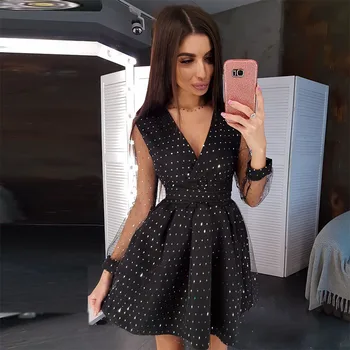 

Women Vintage Shiny Lace Patchwork A-Line Dress Long Sleeve V-Neck Party Elegant Casual Mini Dress 2020 Summer New Fashion Dress