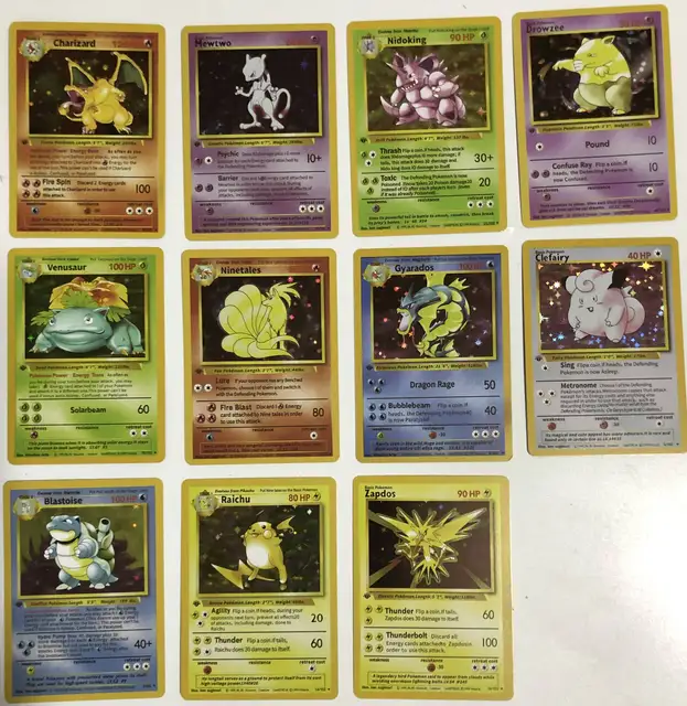 10PCS+1 1996 First Edition Pokemon Flash Cards Charizard Blastoise Venusaur Ninetales Mewtwo Zapdos Game Collection Cards 1