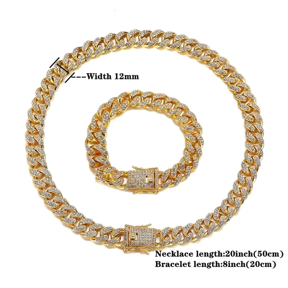 Luxury Gold Watch for Men Full Iced Out Watch Men Bling Miami Cuban Link Chain Rhinestone Bracelet Necklace Jewelry Set Relogio