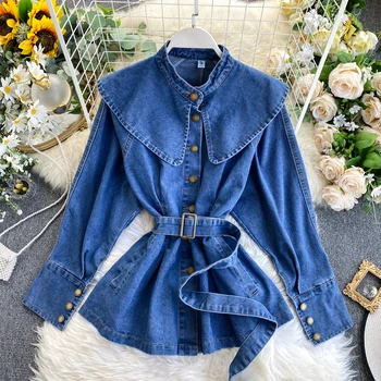 

Fashion Cowboy Blouse Female 2020 Spring Korean Denim Shirt Women with Belt Lotus Leaf Jean Jacket Single-breasted Tops Q1324