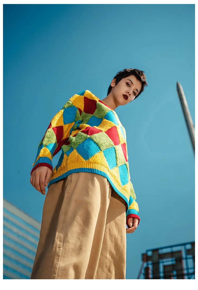 Мужской хип-хоп свитер для улицы в богемном стиле толстый вязаный свитер пуловер Ретро винтажный лоскутный клетчатый свитер осенний хлопковый