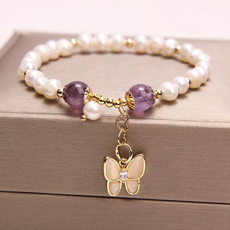 

Fashion Ornament Strawberry Quartz Pink Bracelet Female Special-interest Design Student Girlfriends Opal Butterfly Bracelet