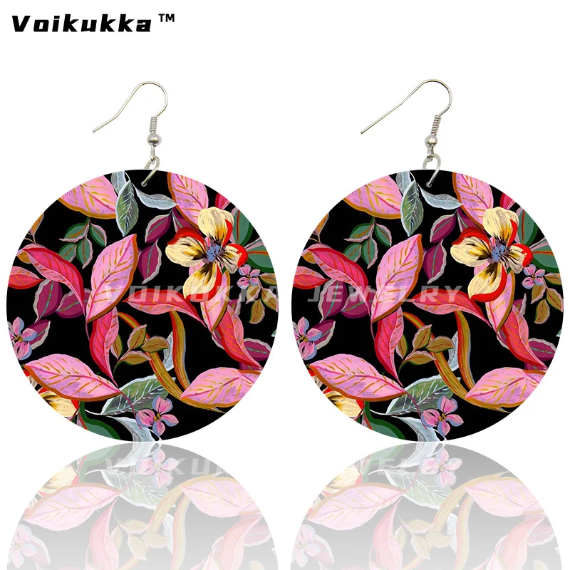 Voikukka Jewelry Hot Sale 6 CM Circle Both Sides Printing A Painted Floral Pattern Wooden Drop Dangle Women Earrings For Gifts Voikukka Jewelry Hot Sale 6 CM Circle Both Sides Printing A Painted Floral Pattern Wooden Drop Dangle Women Earrings For Gifts