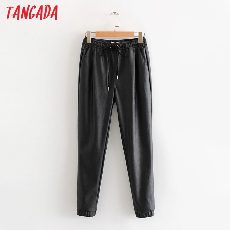 Achat Tangada femmes cuir synthétique polyuréthane noir pantalon stretch taille cordon cravate poches femme automne hiver élégant pantalon HY02