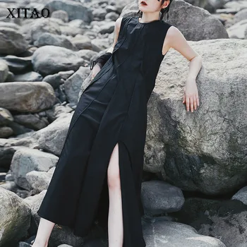 

XITAO Patchwork Zipper Irregular Dress Women 2020 Summer Casual Fashion New Style Temperament O Neck Sleeveless Dress ZP1129