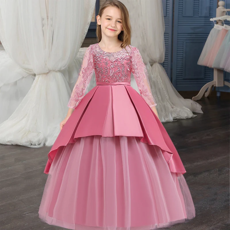 

4-14 Years Winter Long Dress Girl Teenager Bridesmaid Party Kids Dresses For Girls Children Pageant Princess Dress Long Sleeve