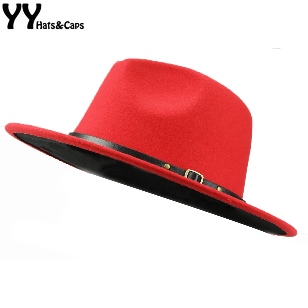 YY черные красные Лоскутные простые фетровые шапки зимние женские элегантные чайные вечерние шляпы мужские Джаз фетровая шляпа с широкими полями шляпы Трилби FD19061