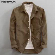 INCERUN, Вельветовая рубашка для мужчин, Ретро стиль, длинный рукав, осень, на пуговицах, с отворотом, Harajuku, Повседневная блуза, шикарная, высокая, уличная, брендовая, рубашки для мужчин