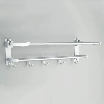 

40/50/60cm Space Aluminum Double Towel Rack With 5 Hooks Foldable Towel Kitchen Bathroom Shelves J2Y