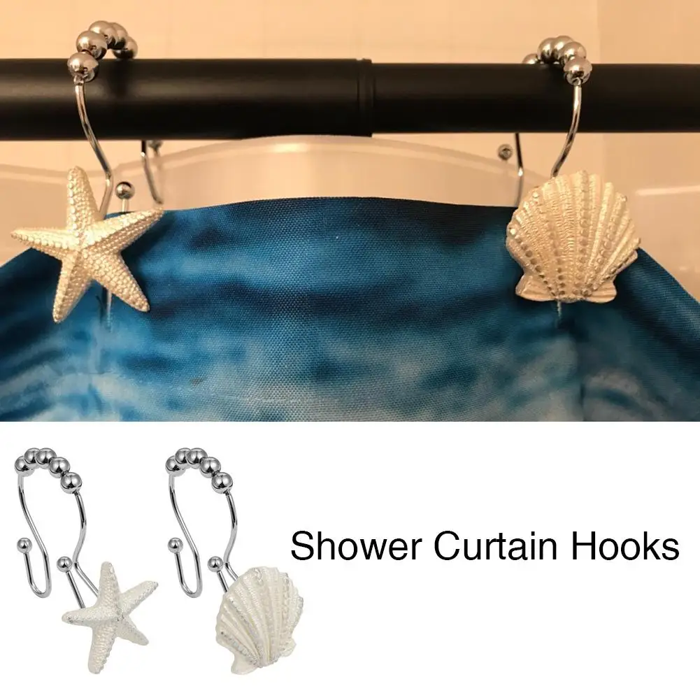 12PCS Stainless Steel Shower Curtain Double Hook White Starfish Shell Shape Mixed Resin Double Hook For Bathroom Curtain