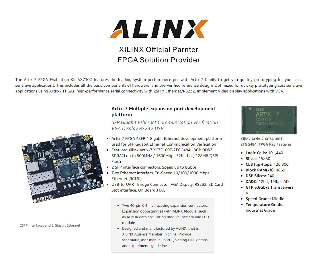 Alinx AX7102: Artix 7 XC7A100T (fpga開発ボード + usbダウンローダ 
