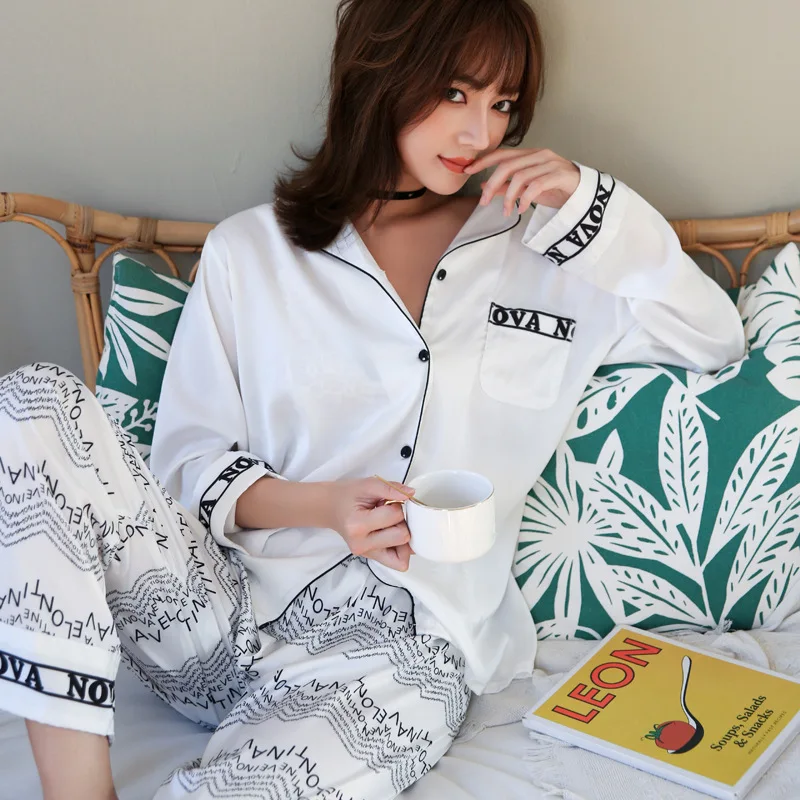 Пижамный комплект женский с отложным воротником Повседневная Свободная рубашка