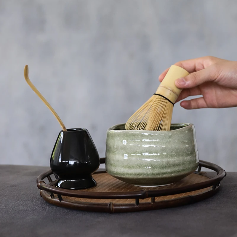 LUWU 4pcs/set traditional matcha giftset bamboo matcha scoop ceremic bowl whisk holders japanese tea sets