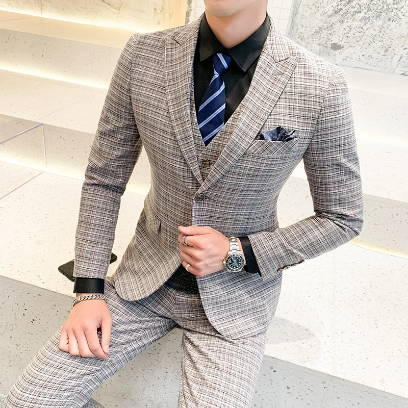 suit suit men's three-piece business plaid official gentleman west decoration body groomsman blazer S-5XL