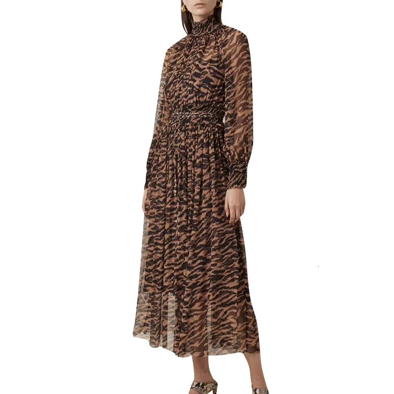 TWOTWINSTYLE леопардовое платье для женщин со стоячим воротником и длинным рукавом, эластичные платья с высокой талией для женщин, осень, модная новинка