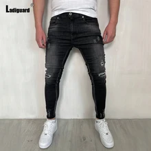 Ladguard pantalones vaqueros de talla grande 3xl para hombre, Jeans rasgados con agujeros, con bolsillos y cremallera, informales, empalmados, primavera 2022
