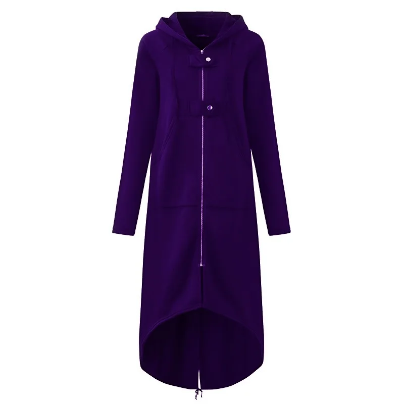 Модная женская ветровка, одноцветная, с капюшоном, с неровным подолом, с длинным рукавом, на молнии, на кнопках, длинная куртка, пальто, верхняя одежда, Женское пальто