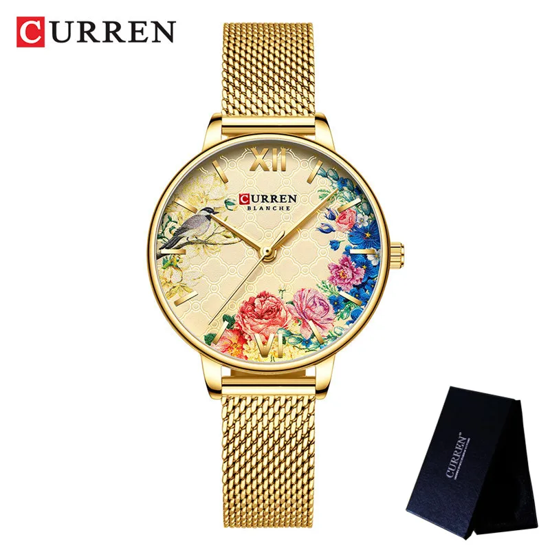 CURREN женские часы Топ бренд класса люкс золотые женские водонепроницаемые часы сетка браслет из нержавеющей стали цветок женские наручные часы 9059 - Цвет: CU905902 with box
