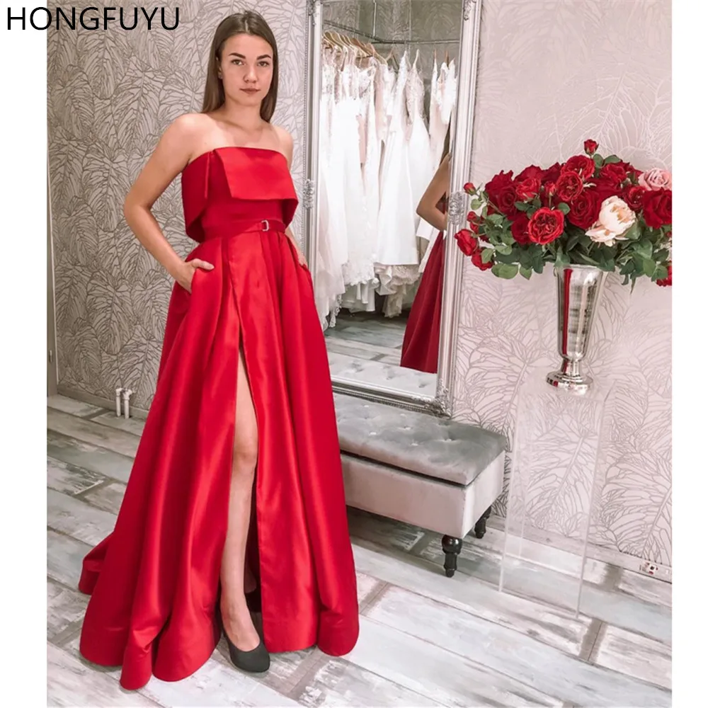 

HONGFUYU Red Satin Evening Dresses Strapless A-Line Formal Party Gowns with Slit Pockets Robe De Soiree Floor Length Prom Dress