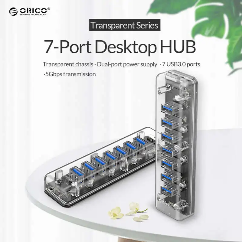 ORICO 7 портов USB3.0 прозрачный концентратор сплиттер с двойным Micro-USB порт питания 5 Гбит/с 3,0 usb-хаб поддержка Otg для Mac/Windows/L