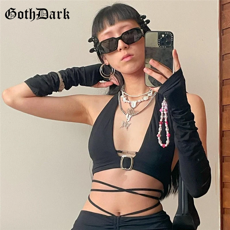 Женский топ с открытой спиной Goth Dark сексуальный черный бандажный на бретельках