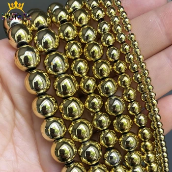 

Smooth Gold Color Hematite Round Beads Natural Loose Stone Beads For Jewelry DIY Making Bracelet Accessories 15'' 3 4 6 8 10mm