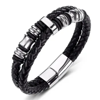 

Classic Men Leather Titanium Steel Bracelet All-Match Wristband Charm Cuff Bangle Black Braided Jewelry Magnetic Button