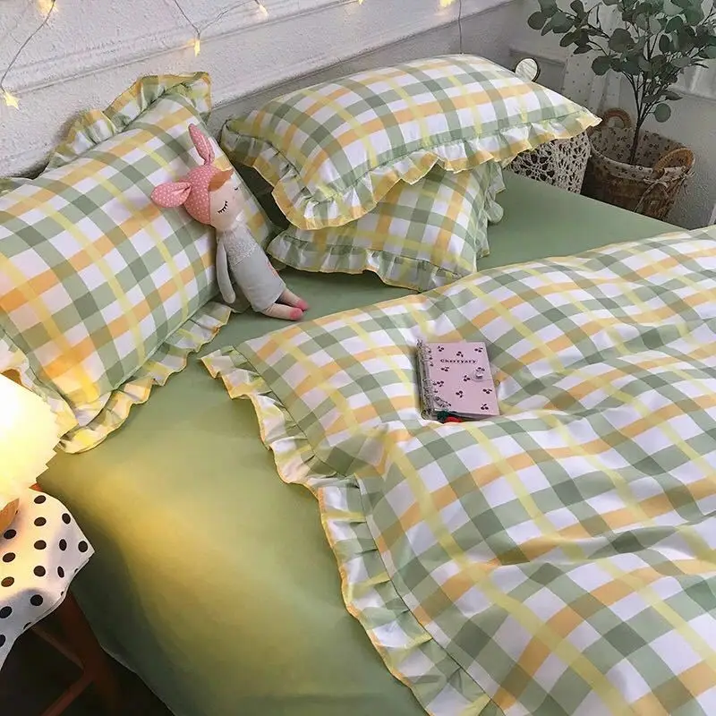 Four-piece set on a lotus leaf bed Korean style fragrant taro purple grid soft small fragrant style bed sheet three-piece set 