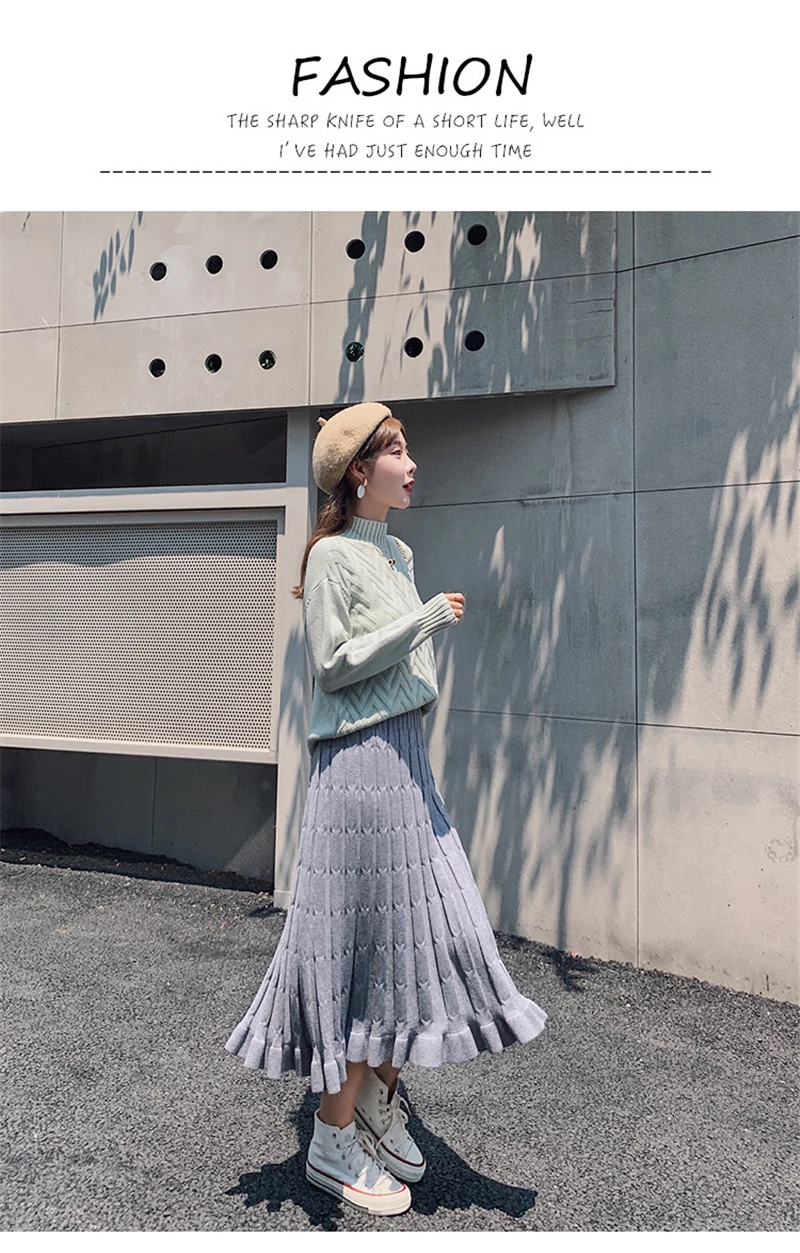 BGTEEVER Autumn Winter Cable Twist Women Knitted Skirts Thick Warm Midi Skirt Elastic Band High Waist Tulle Skirt for Women
