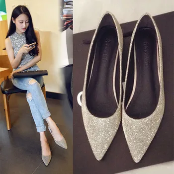 

Spring Single Shoes Women's 2019 New Pointy Flat Shoes Dress Bridesmaid Large Size 41 42 43 44 Gold Silver Sequin Wedding Shoes