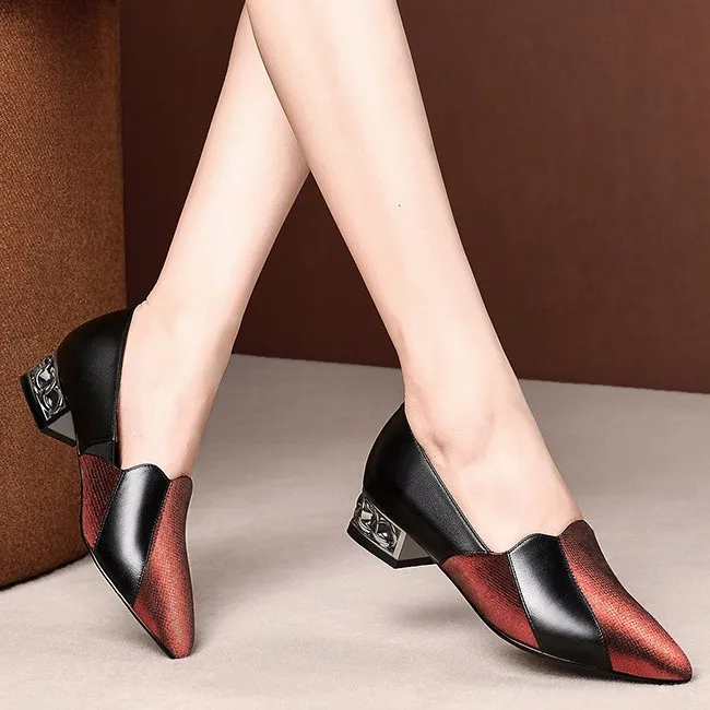 

2019 new fashion color matching shallow mouth thick heel pointed comfortable comfortable single shoes women