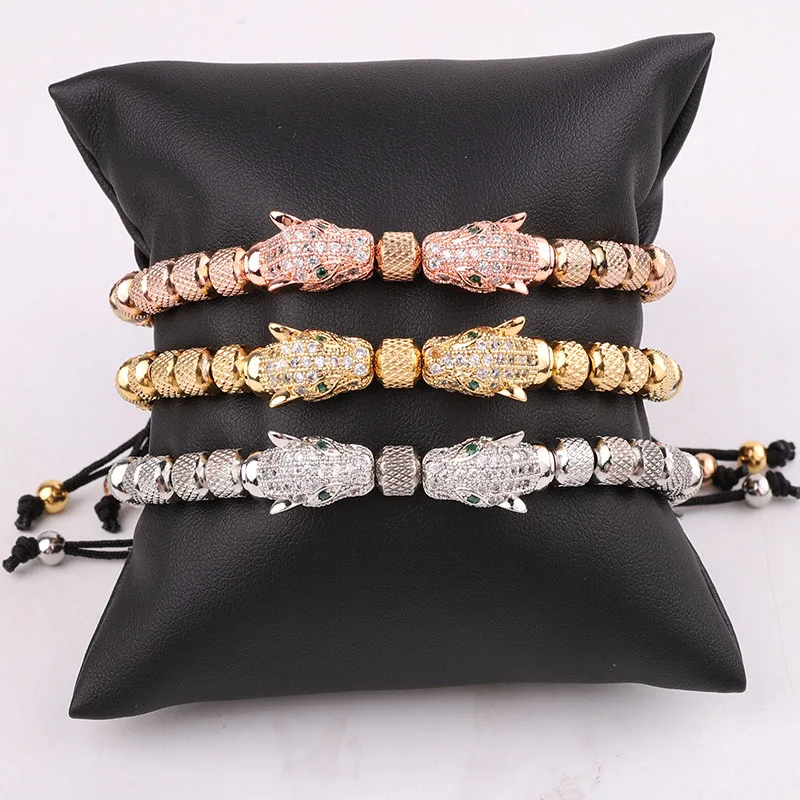 New Design Stainless Steel Beads CZ Pave Leopard Charm Friendship Macrame Adjustable Beads Bracelet For Men