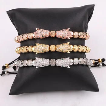 New Design Stainless Steel Beads CZ Pave Leopard Charm Friendship Macrame Adjustable Beads Bracelet For Men