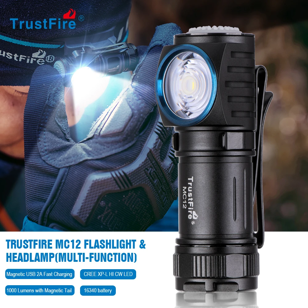 la randonnée TrustFire MC12-2 mini Lampe de poche équipée d'un chargeur magnétique rapide Lampe de poche à LED 1000LM amovible adapté aux sports d'extérieur tels que le camping 