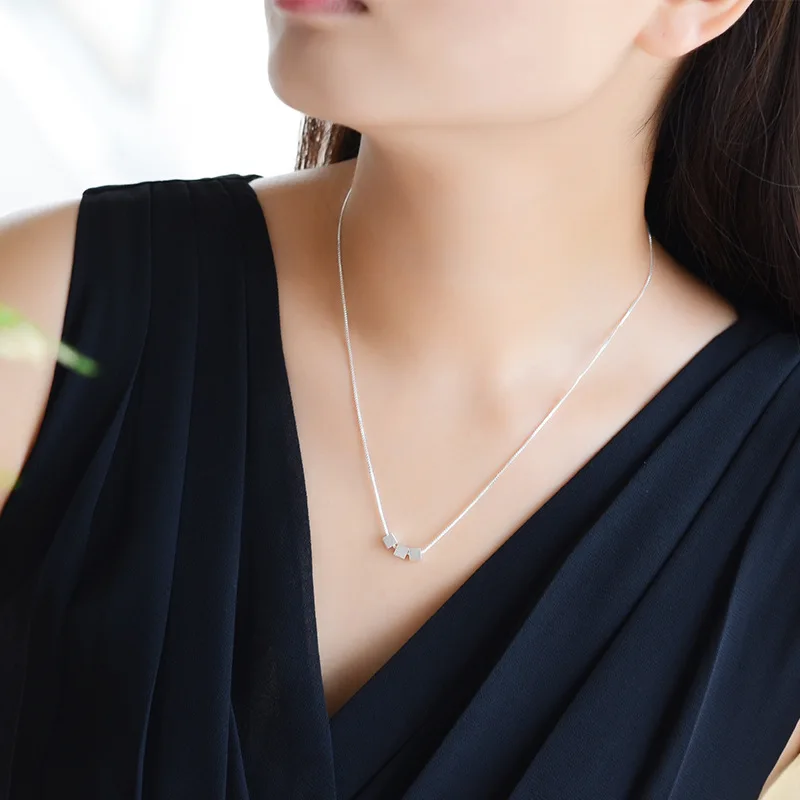 925 Sterling Silver Matte 3 Pieces Cube Choker Necklaces For Women Fashion Jewelry Gifts