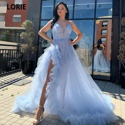 LORIE Light Blue Prom Gown Spaghetti Strap Sleeveless Beading Evening Prom Dress Formal Evening Gowns Front Ruffle Split