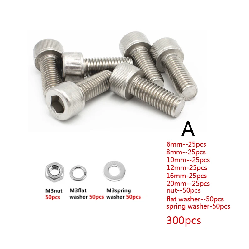 300pcs Allen Stainless steel hex bolt and hex nut washer silver M3 304 New